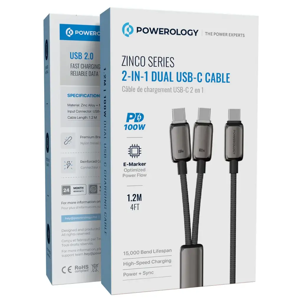 ابل دوکاره USB-C سری Zinco پاورولوژی(PWDC100DGY)Powerology Zinco Series 2-In-1 Dual USB-C Cable – Dark Gray