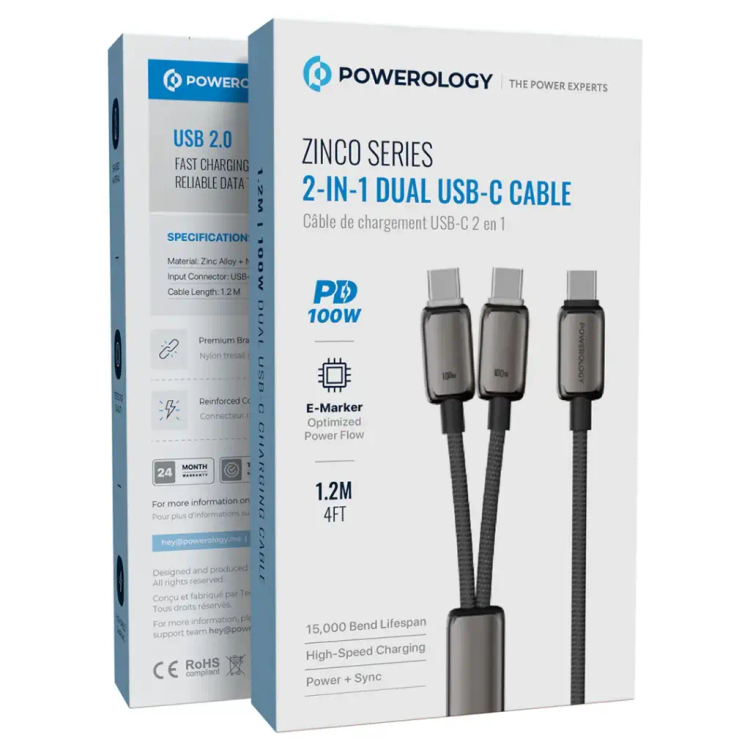 ابل دوکاره USB-C سری Zinco پاورولوژی(PWDC100DGY)Powerology Zinco Series 2-In-1 Dual USB-C Cable – Dark Gray