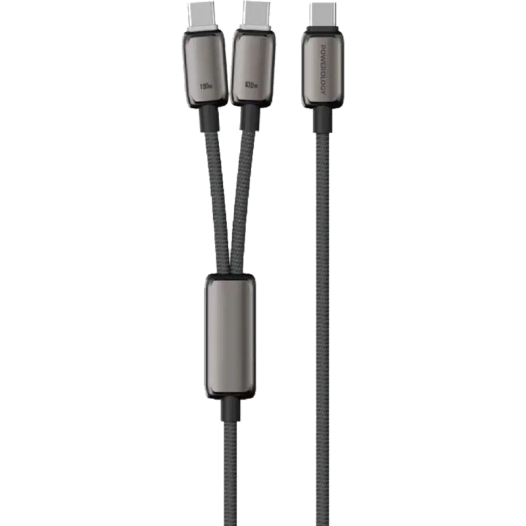 ابل دوکاره USB-C سری Zinco پاورولوژی(PWDC100DGY)Powerology Zinco Series 2-In-1 Dual USB-C Cable – Dark Gray